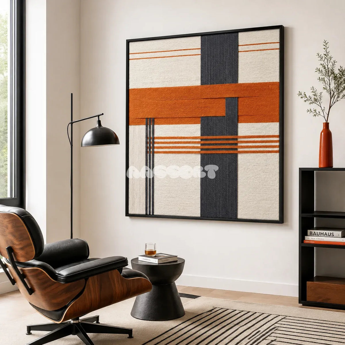 Terracotta Dusk SQ114 framed fiber artwork featuring bold charcoal and terracotta bands over cream yarn.