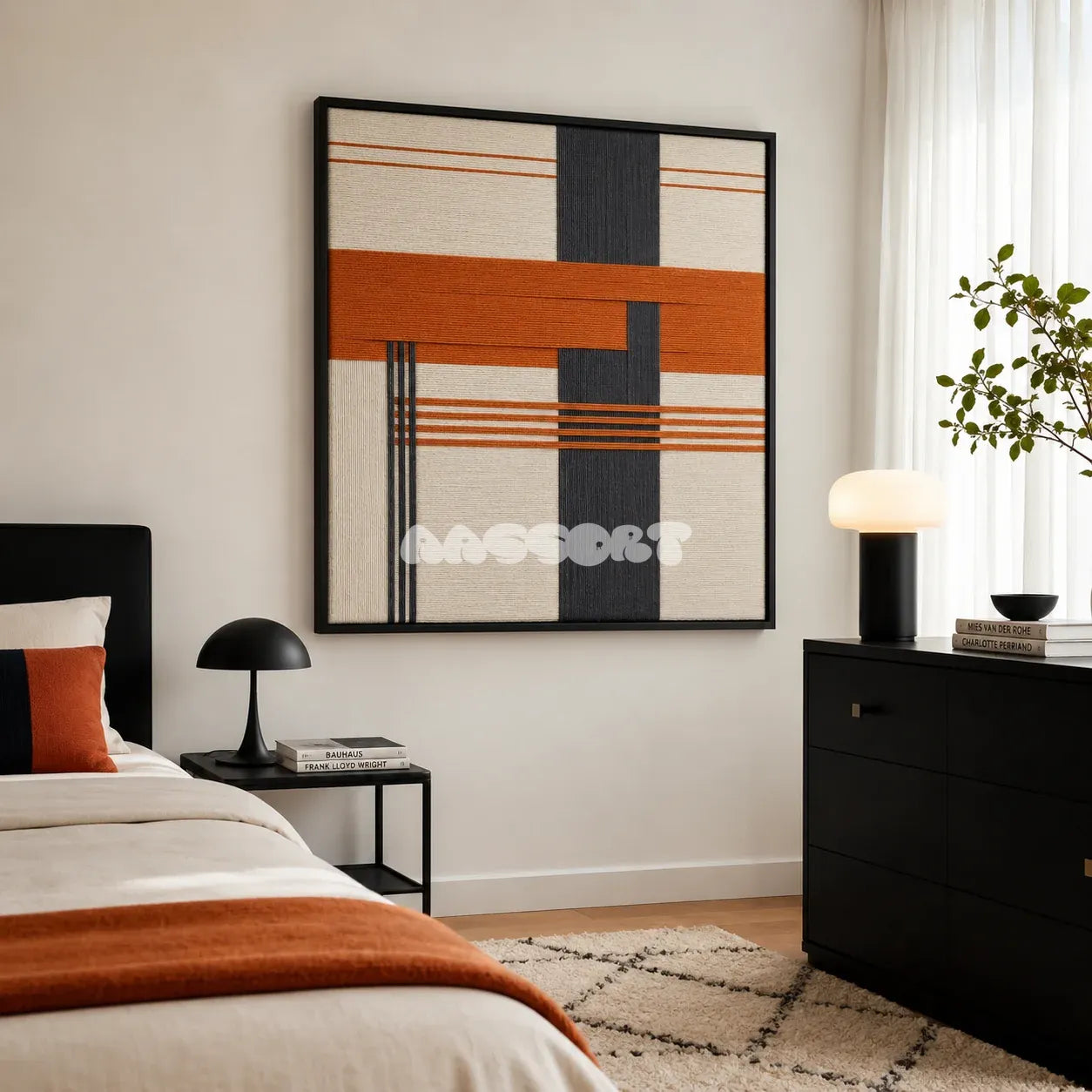 Terracotta Dusk SQ114 modern asymmetric yarn wall art in a sleek framed presentation.
