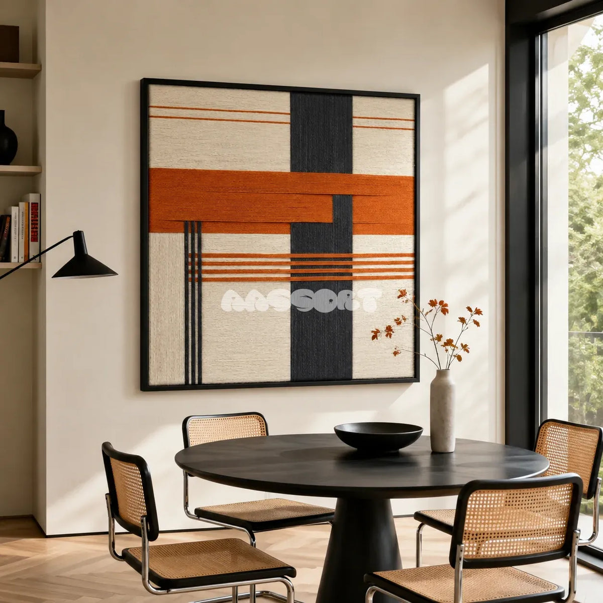 Terracotta Dusk SQ114 abstract textile artwork with a charcoal pillar and burnt orange horizontal band.
