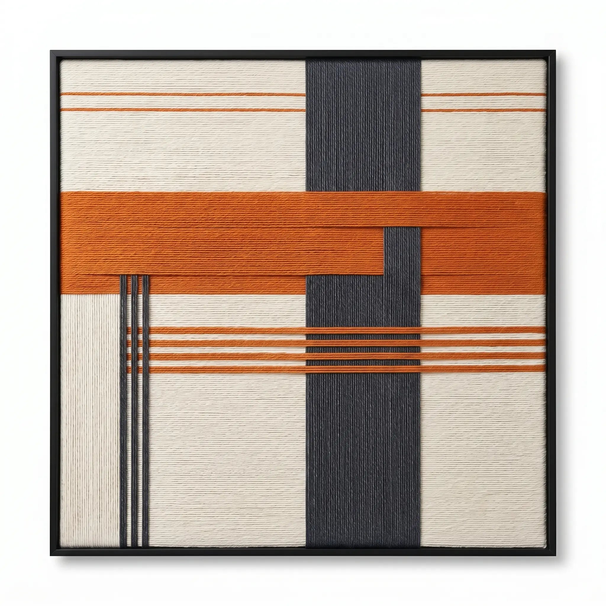Front view of Terracotta Dusk SQ114 orange, charcoal, and cream yarn wall art in a black frame on a white background.