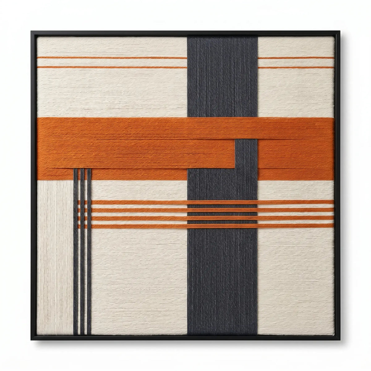 Front view of Terracotta Dusk SQ114 orange, charcoal, and cream yarn wall art in a black frame on a white background.