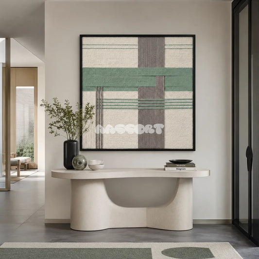Muted Spring SQ115 framed textile art with creamy white, sage green, and dusty taupe geometric yarn.