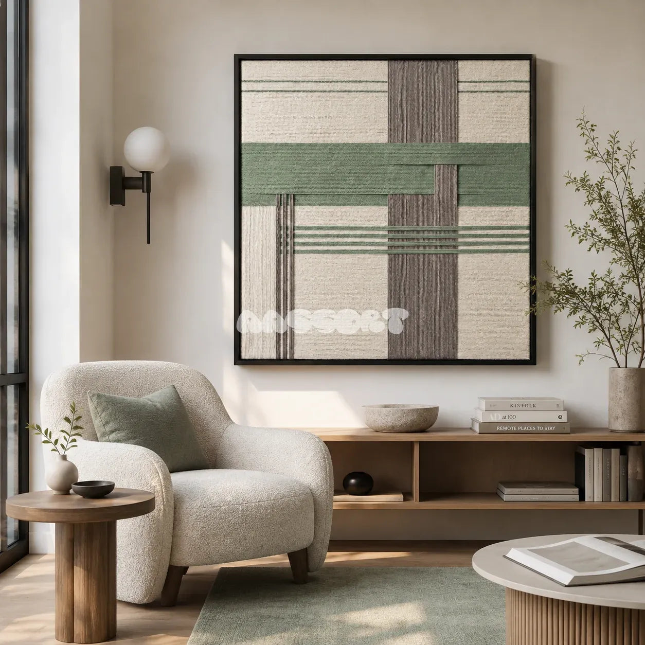 Muted Spring SQ115 geometric textile wall art displayed as a calm botanical interior statement piece.