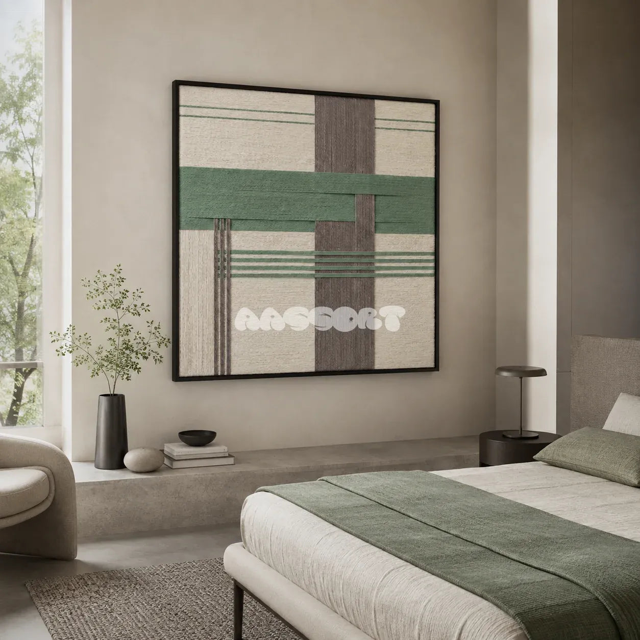 Muted Spring SQ115 framed fiber artwork featuring a sage band and taupe pillar over cream yarn.