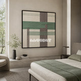 Muted Spring SQ115 framed fiber artwork featuring a sage band and taupe pillar over cream yarn.