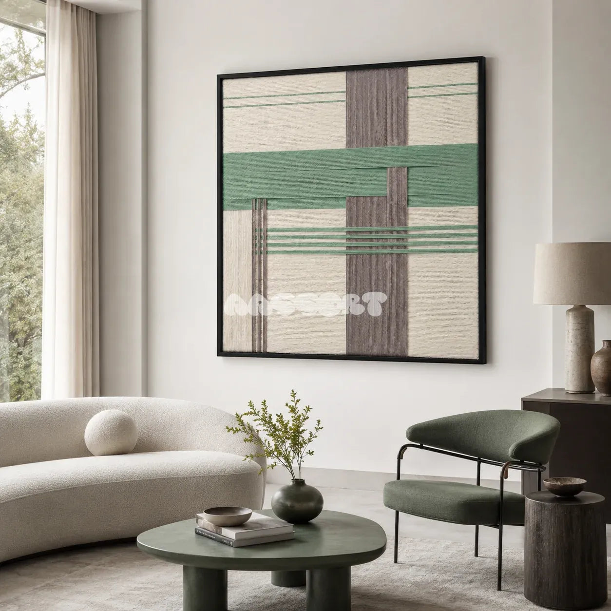 Muted Spring SQ115 modern asymmetric yarn wall art in a sleek framed presentation.