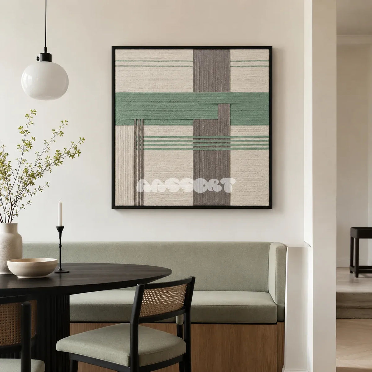 Muted Spring SQ115 abstract textile artwork with muted sage green and dusty taupe geometric accents.
