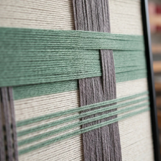 Macro view of Muted Spring SQ115 showing raised sage green yarn over gray and cream vertical bands.