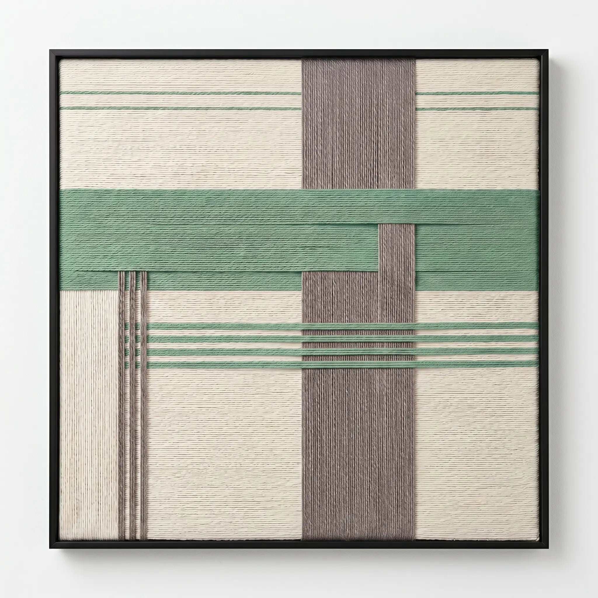 Front view of Muted Spring SQ115 sage, gray, and cream yarn wall art in a black frame on a white background.