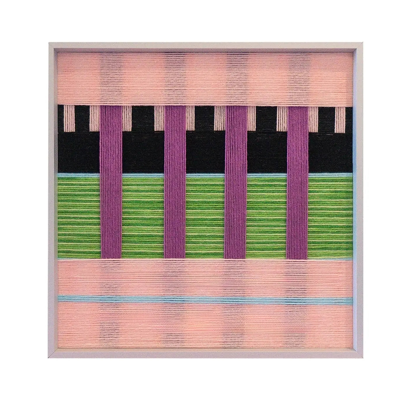 Front view of Pastel Nocturne SQ116 pink, green, and black geometric yarn wall art in a white frame on a white background.