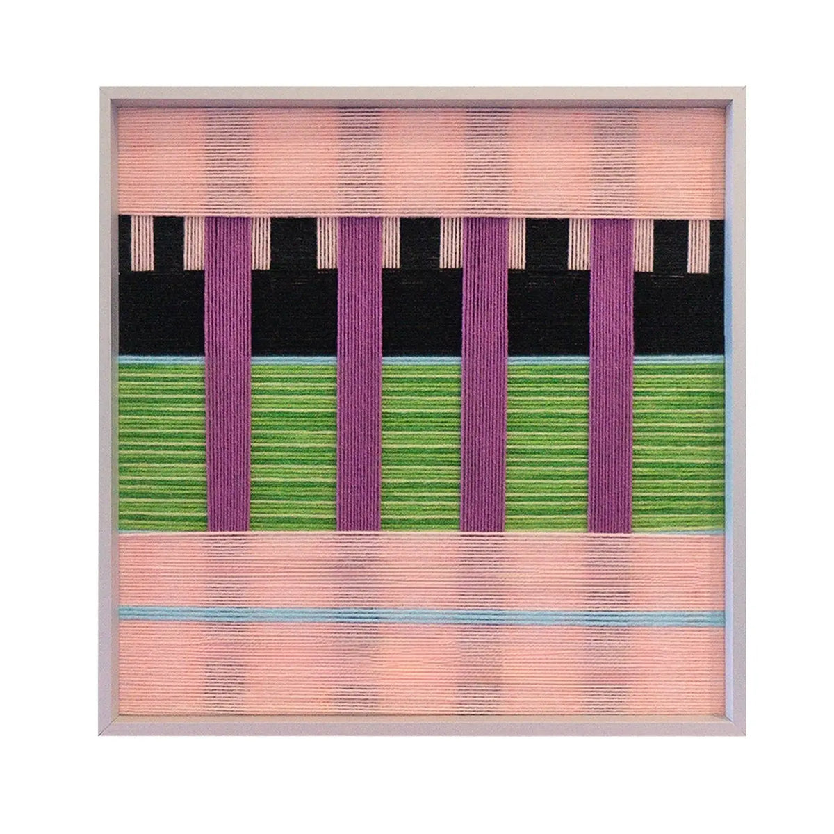 Front view of Pastel Nocturne SQ116 pink, green, and black geometric yarn wall art in a white frame on a white background.