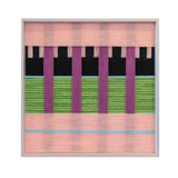 Front view of Pastel Nocturne SQ116 pink, green, and black geometric yarn wall art in a white frame on a white background.