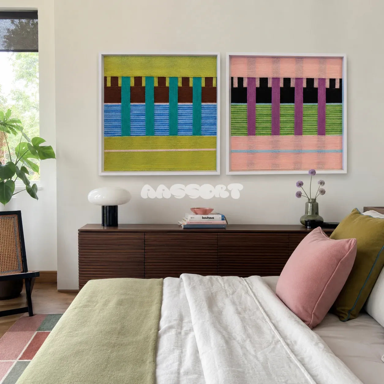 Woodland Mirror SQ116 geometric textile wall art displayed as a vibrant nature-inspired interior statement piece.