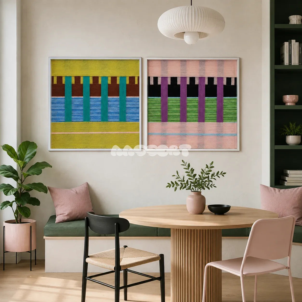 Woodland Mirror SQ116 framed fiber artwork featuring teal pillars over green, brown, blue, and white yarn bands.
