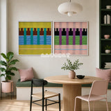 Woodland Mirror SQ116 framed fiber artwork featuring teal pillars over green, brown, blue, and white yarn bands.