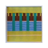 Front view of Woodland Mirror SQ116 green, blue, and brown yarn wall art in a white frame on a white background.