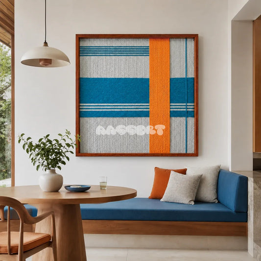 Breeze of Capri SQ117 framed textile art with ocean blue and tangerine orange geometry on a cool grey background.