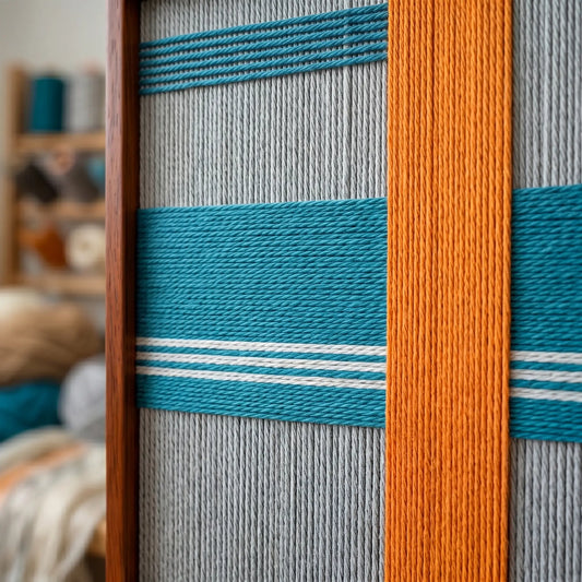 Close-up of Breeze of Capri SQ117 showing raised tangerine orange yarn intersecting an ocean blue horizontal band.
