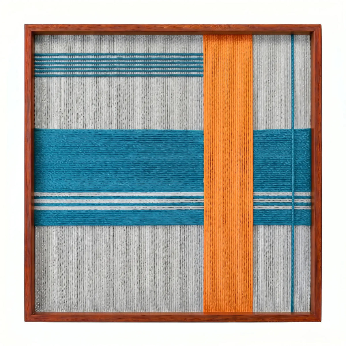 Front view of Breeze of Capri SQ117 blue, orange, grey, and white geometric yarn wall art in a frame on a white background.