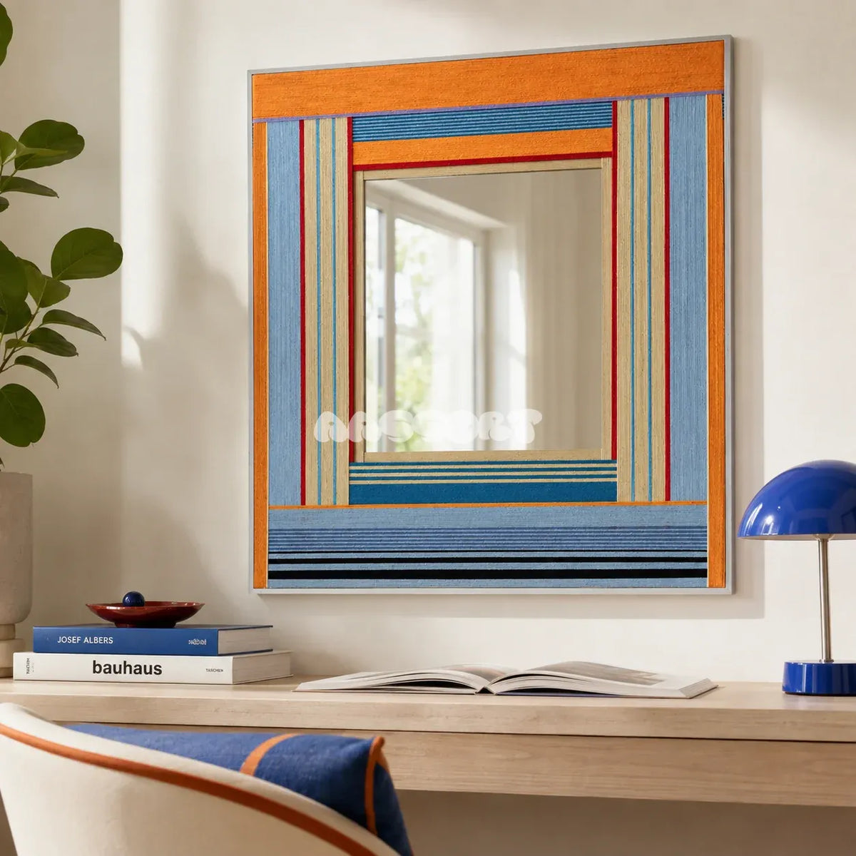Miami Sunsets SQ118 colorful geometric textile mirror displayed as a vibrant retro-coastal interior accent.