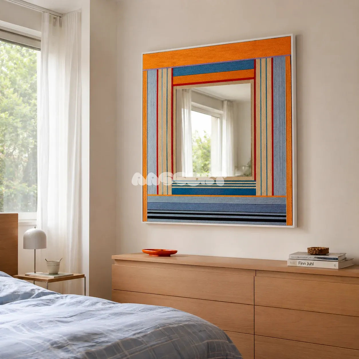 Miami Sunsets SQ118 framed fiber mirror featuring a central square mirror and bold Art Deco yarn bands.