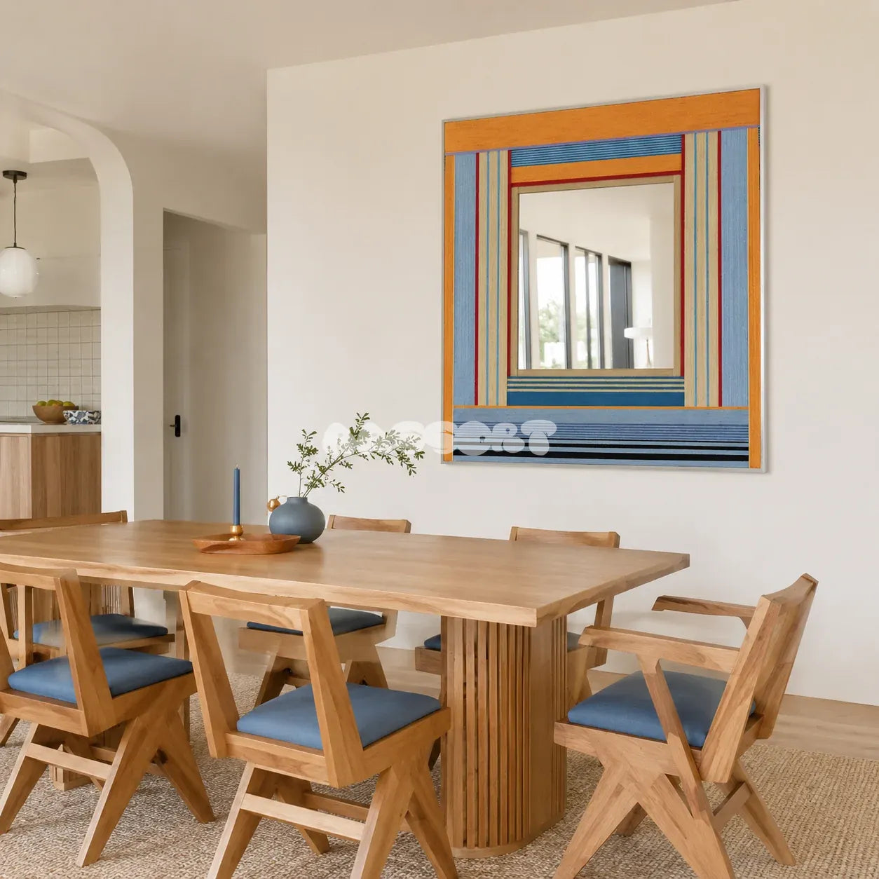 Miami Sunsets SQ118 hand-wrapped yarn mirror with sunny coastal colors and structured geometric details.