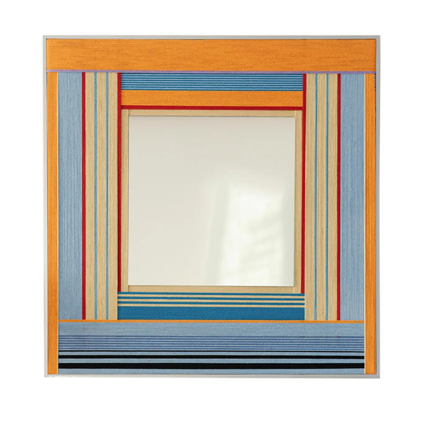 Front view of Miami Sunsets SQ118 square mirror bordered by orange, blue, cream, red, and black yarn on a white background.