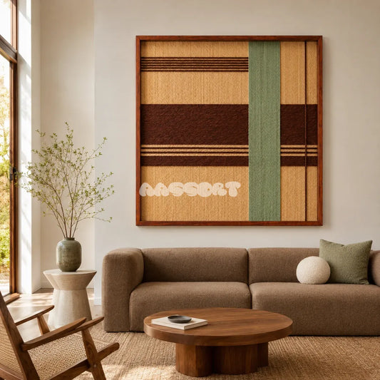 Cedar and Sage SQ119 framed textile art with sage green, cedar brown, and golden beige asymmetric geometry.