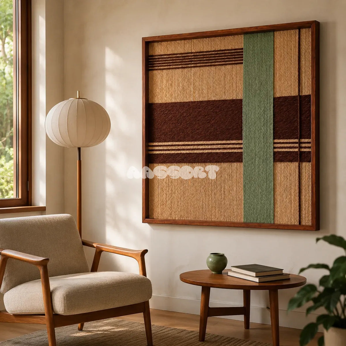 Cedar and Sage SQ119 botanical-inspired textile artwork displayed as a rustic-modern interior statement piece.