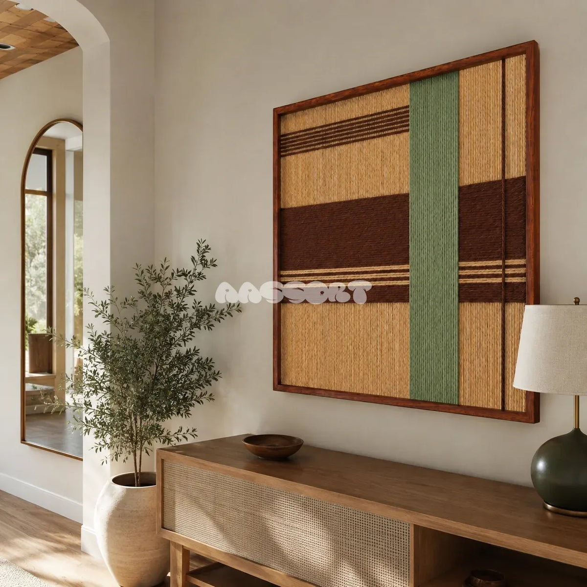 Cedar and Sage SQ119 modern fiber wall art with calming sage green and rich earthy brown geometric accents.