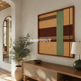 Cedar and Sage SQ119 modern fiber wall art with calming sage green and rich earthy brown geometric accents.