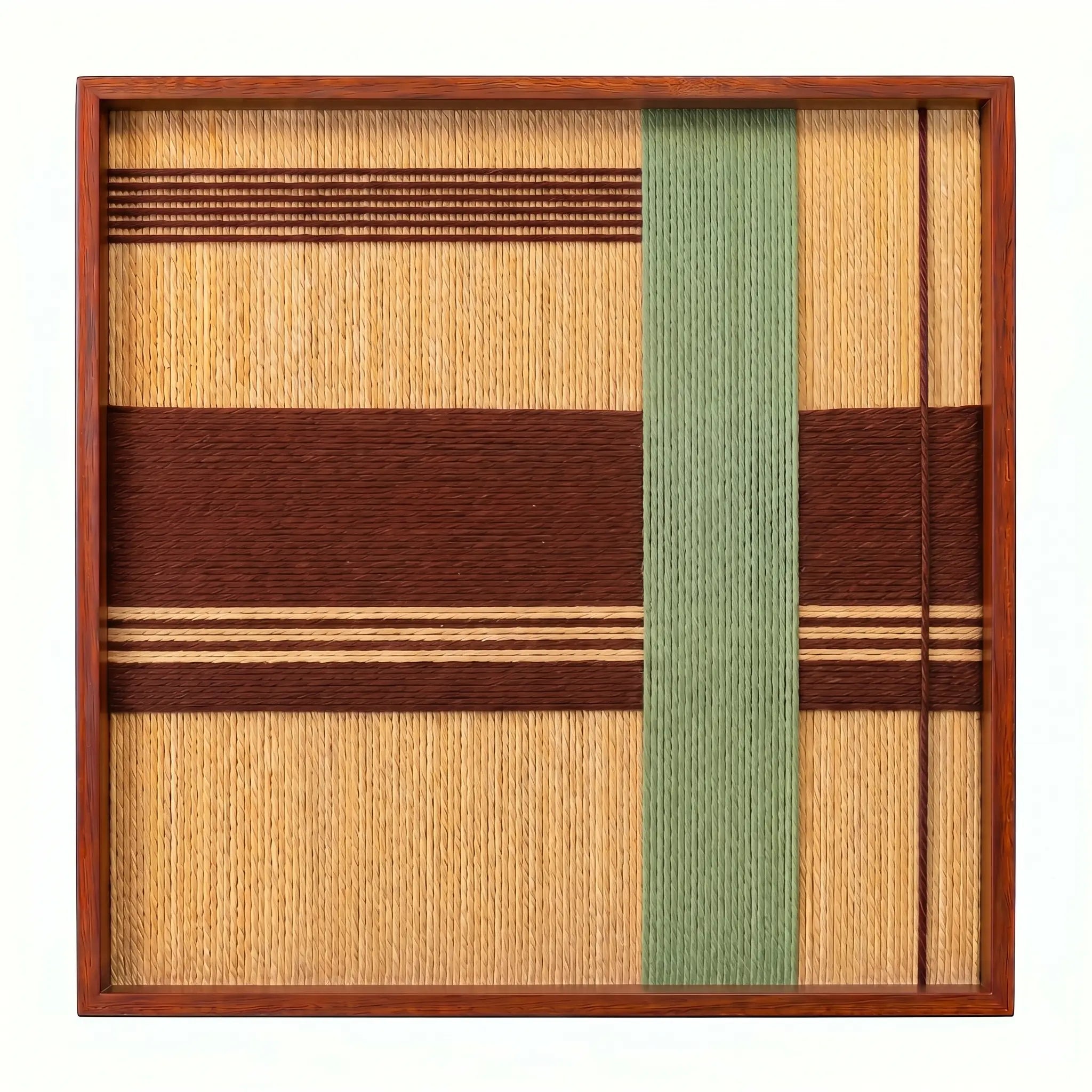 Front view of Cedar and Sage SQ119 sage green, cedar brown, and golden beige yarn wall art on a white background.