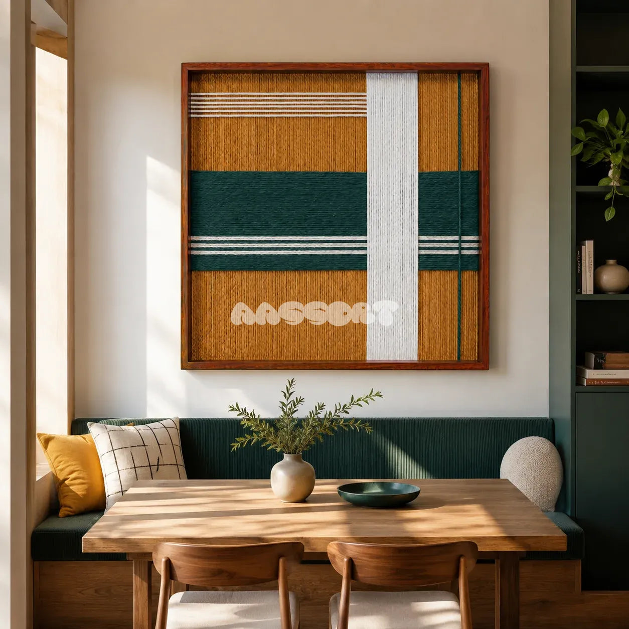 Amber Pine SQ120 framed textile art with golden amber, deep pine green, and crisp white asymmetric geometry.