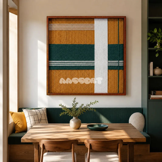Amber Pine SQ120 framed textile art with golden amber, deep pine green, and crisp white asymmetric geometry.