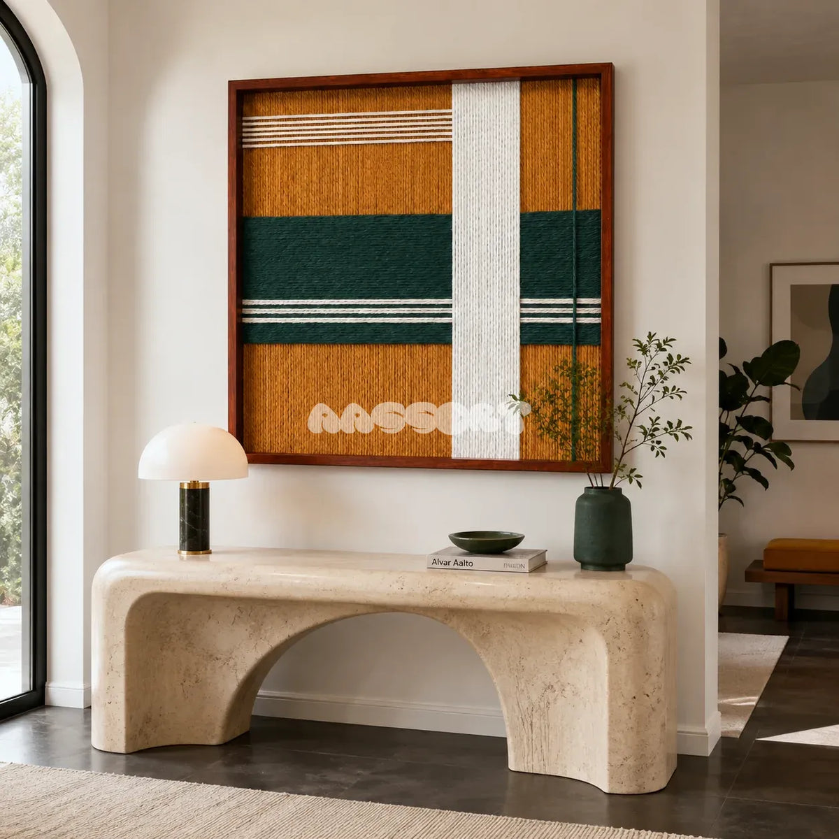 Amber Pine SQ120 earthy geometric fiber artwork displayed in a warm contemporary home interior.