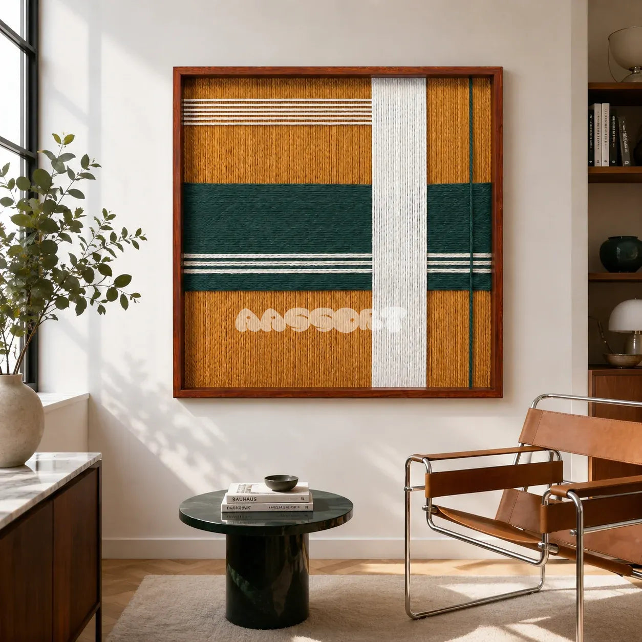 Amber Pine SQ120 framed yarn wall art featuring a crisp white pillar over golden amber and pine green bands.