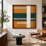 Amber Pine SQ120 framed yarn wall art featuring a crisp white pillar over golden amber and pine green bands.