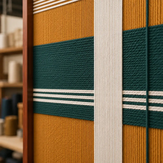 Close-up of Amber Pine SQ120 showing golden amber, deep pine green, and white hand-wrapped yarn texture.