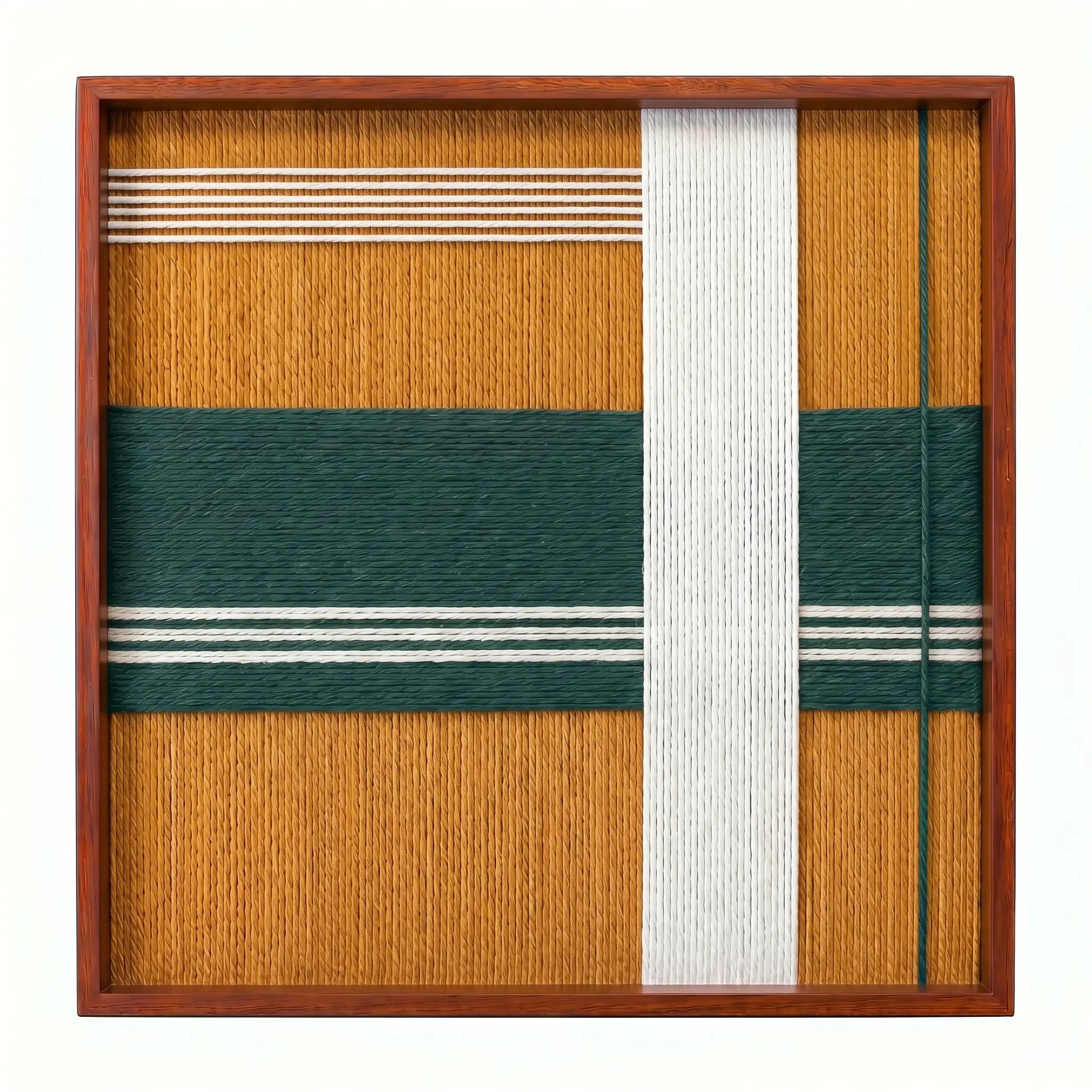 Front view of Amber Pine SQ120 golden amber, deep pine green, and white yarn wall art in a brown frame.