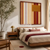 Carmine Pulse SQ121 energetic geometric fiber artwork displayed in a bold contemporary home interior.