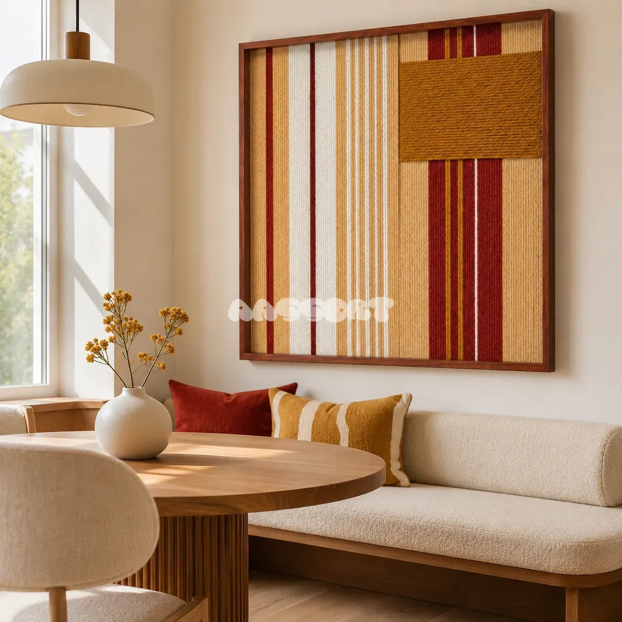 Carmine Pulse SQ121 framed yarn wall art featuring rhythmic vertical stripes and an asymmetric mustard accent.