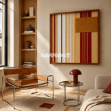 Carmine Pulse SQ121 red, beige, white, and mustard textile artwork displayed as a modern interior statement piece.