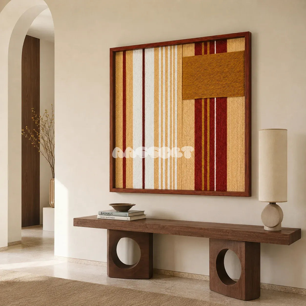 Carmine Pulse SQ121 abstract fiber wall art with warm geometric colors and a bold horizontal mustard block.