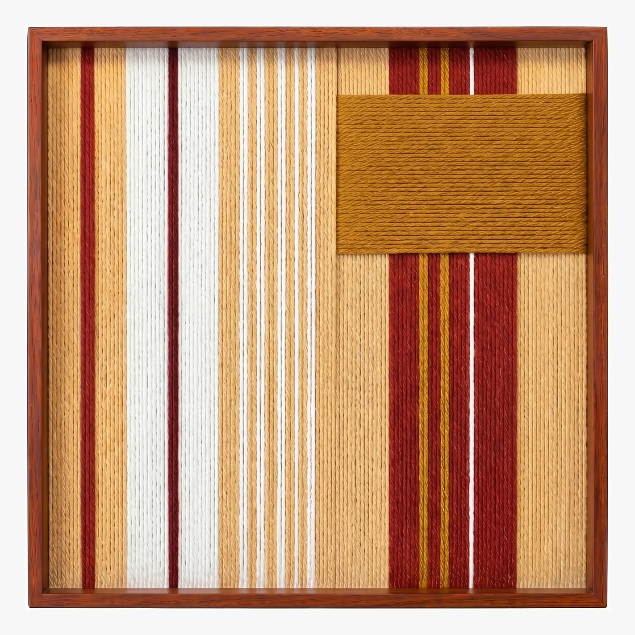 Front view of Carmine Pulse SQ121 red, white, beige, and mustard geometric yarn wall art in a frame.