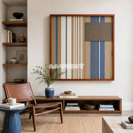 Coastal Diary SQ122 framed textile art with ocean blue and white stripes, sandy beige, and a driftwood taupe block.