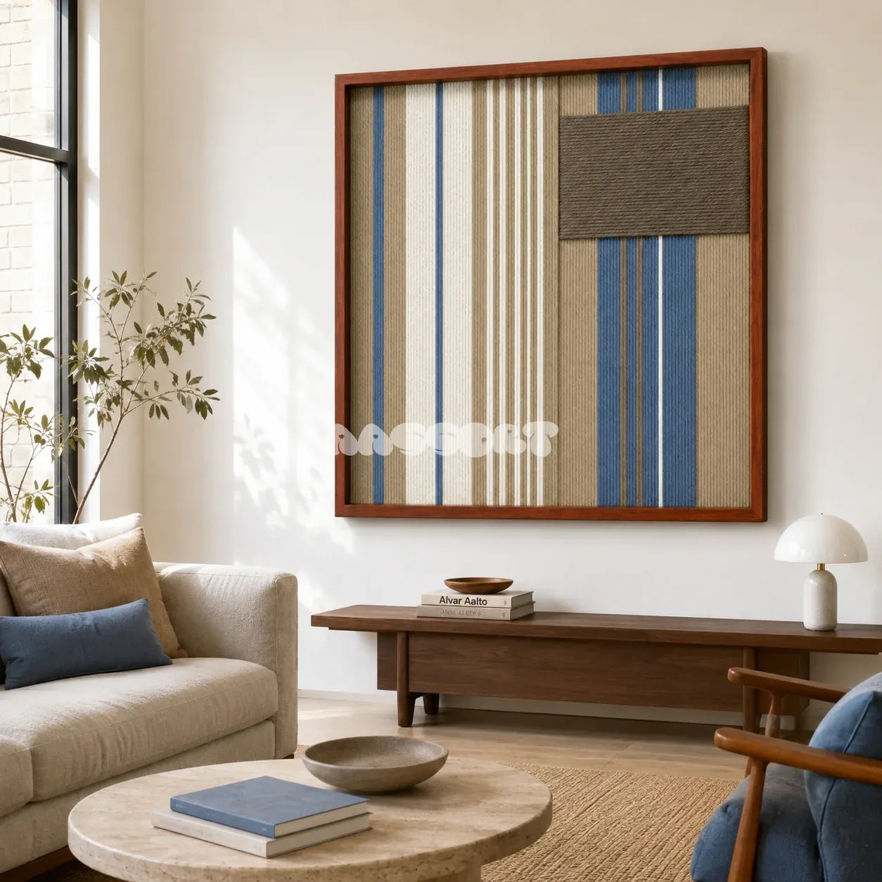 Coastal Diary SQ122 serene geometric fiber artwork displayed in an airy contemporary home interior.