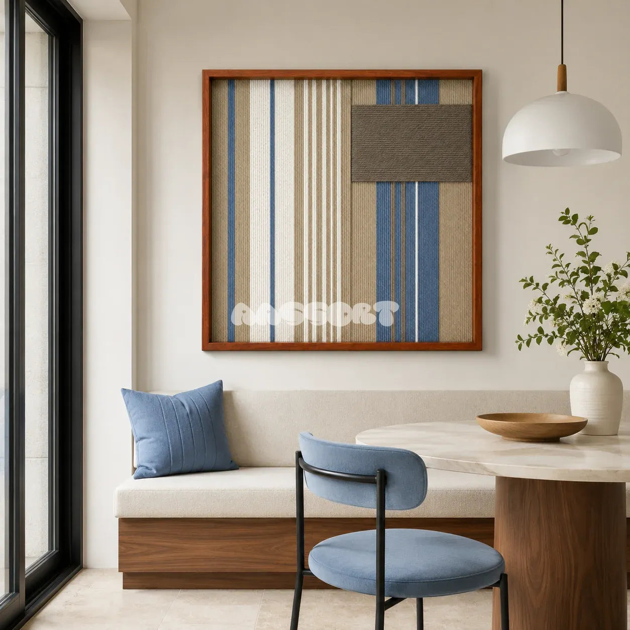 Coastal Diary SQ122 framed yarn wall art featuring rhythmic blue and white stripes with an asymmetric taupe accent.