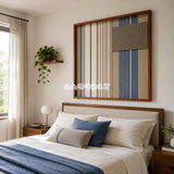 Coastal Diary SQ122 abstract fiber wall art with muted ocean blue, crisp white, beige, and taupe geometry.