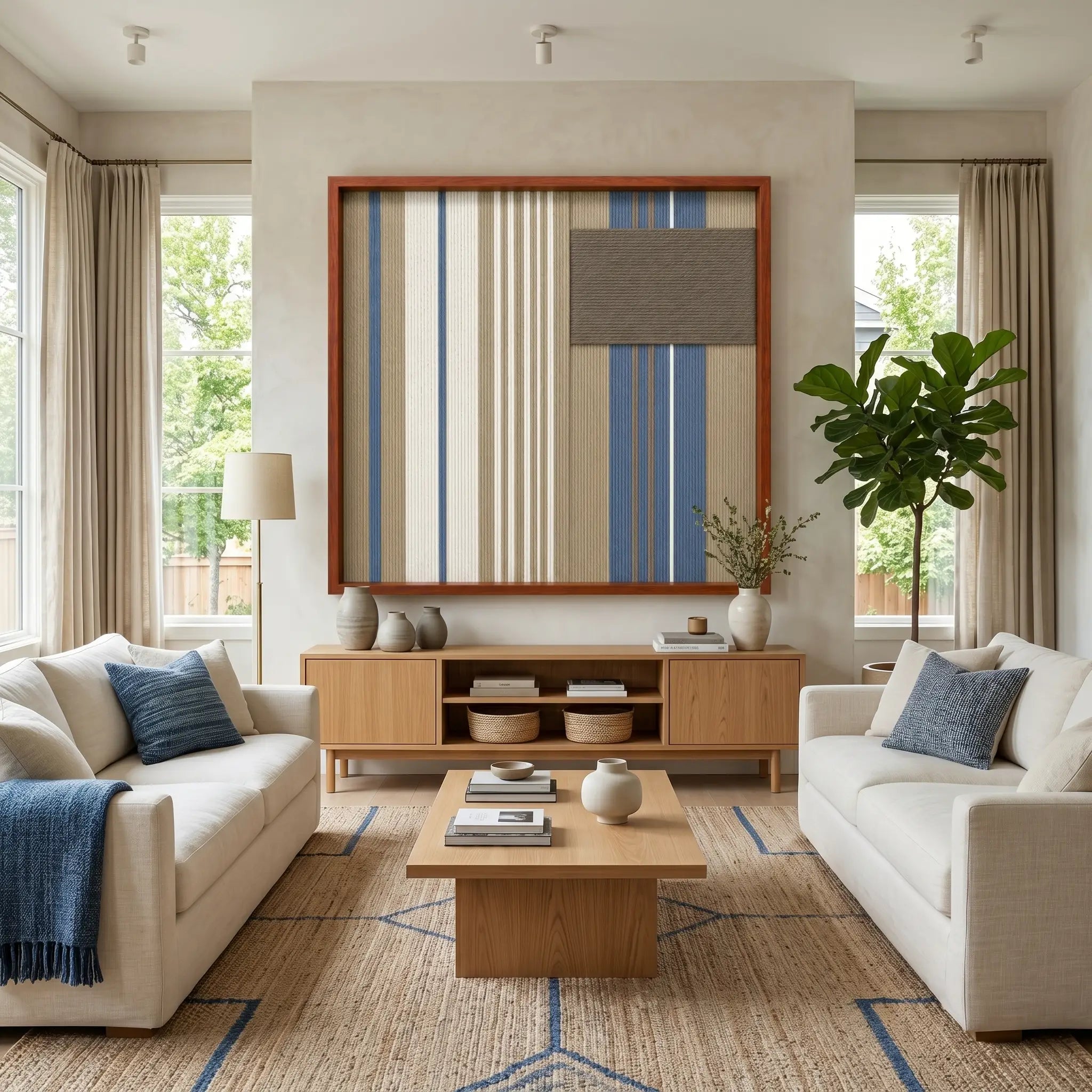 Coastal Diary SQ122 textile wall art displayed between two beige sofas above a light wood coffee table.