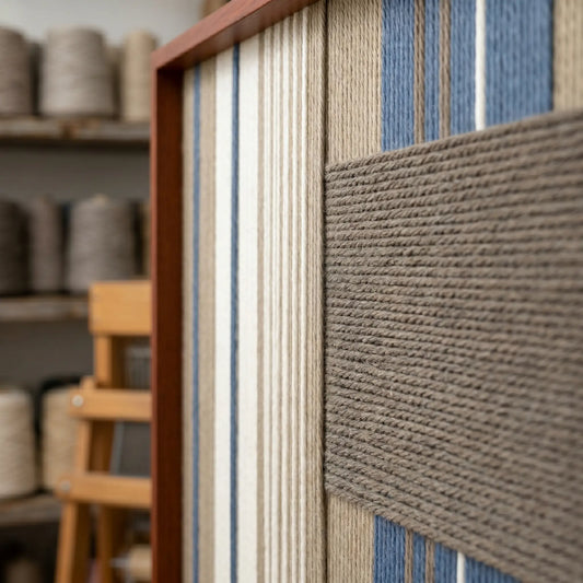 Angled close-up of Coastal Diary SQ122 showing a raised taupe yarn block over blue, white, and beige vertical stripes.